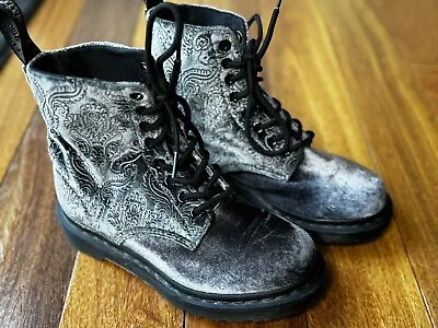 DR MARTENS 1460 Brocade Grey Velvet Paisley Womens / Girls Boots US 5 EU 36. EUC • $60.95