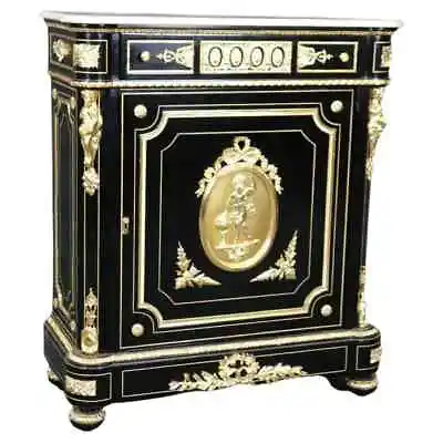 Ebonized Figural Brass Marble Top Napoleonic Side Cabinet Commode • $2995