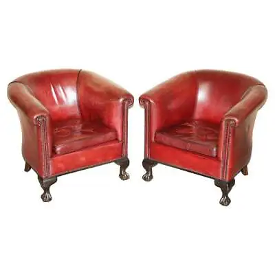 Antique Pair Of Claw & Ball Feet Leather Club Tub Armchairs Chippendale Cushions • $6165.75