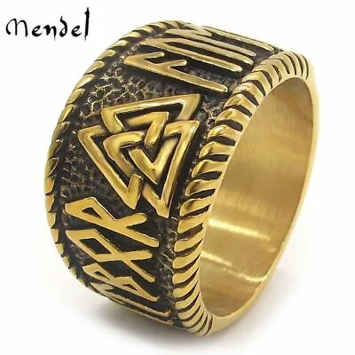 MENDEL Mens Gold Plated Stainless Steel Valknut Viking Rune Band Ring Size 7-15 • $11.99