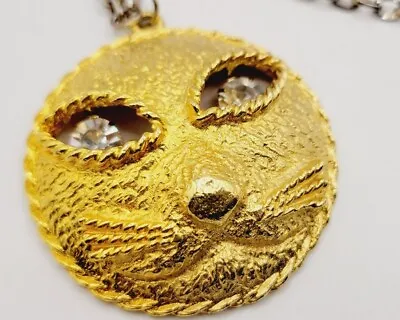 Vintage Kitty Cat Pendant Necklace Crystal Accent Two Tone Gold & Silver CHUNKY • $51.97