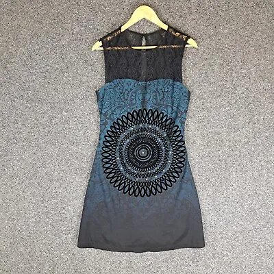 Desigual Womens Dress Size 38 Black Blue Sleeveless Stretch Embroidered • $29.95