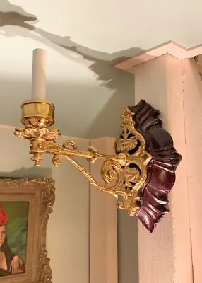 Antique Gothic Revival Carved Wood Mahogany Brass Single Arm Sconce • $195