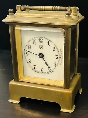 WATERBURY CLOCK CO. SMALL BEVELLED GLASS CHIMING CARRIAGE CLOCK -Porcelain Face • $210.76