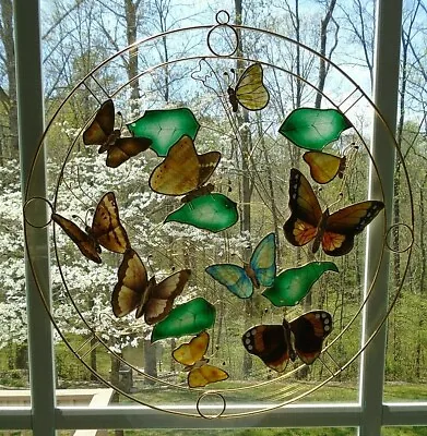 Vintage Gold Tone Wire Butterfly Capiz Shell Sun Catcher Wall Hanging Picture • $39.99