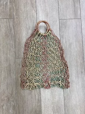 Vintage 1930s Crochet Rope Net TriColored Purse Wooden Handle Beach AS IS • $30