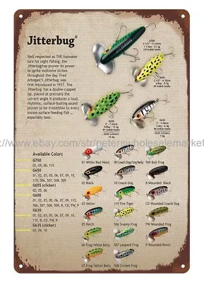 Home Decor Vintage Repro Jitterbug Fishing Lure Color Charts Metal Tin Sign • $18.92