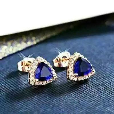 3Ct Trillion Cut Simulated Sapphire & Diamond Stud Earrings 14K Yellow Gold Over • $81.56