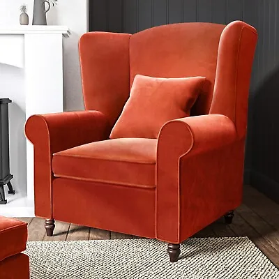 Orange Velvet Armchair Wingback With Scroll Arms Dark Wood Legs Classic Style • £225.92