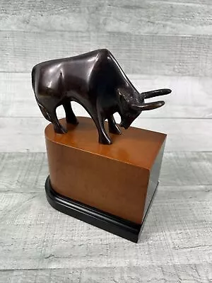 Vintage Bull Wall Street Like Metal Bookend On Wooden Base In Good Condition • $35