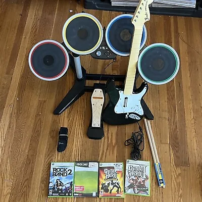 $250 • Buy Xbox 360 Rock Band BUNDLE Tested Wireless Drums Wired Guitar Controller Game Lot