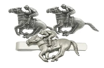Horse Racing Pewter Cufflinks & Tie Bar Set Wedding Jewellery Boxed TBC 187 • £32.99