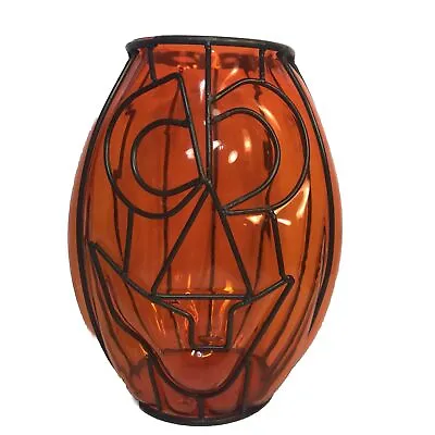 Vintage Halloween Pumpkin Jack-O-Lantern Orange Glass & Iron 9” Candle • $67.50