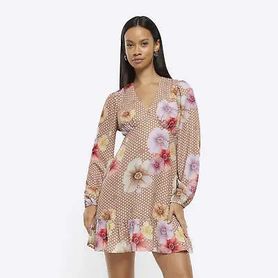River Island Womens Mini Dress Brown Floral Print Long Sleeve V-Neck Dotted • £11.70