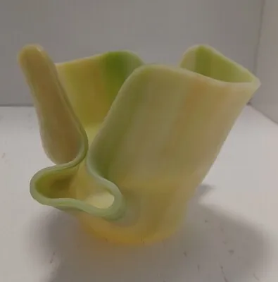 Vintage Art Glass Handkerchief Vase Dish Swirl Green Creamy White & Orange  • $25