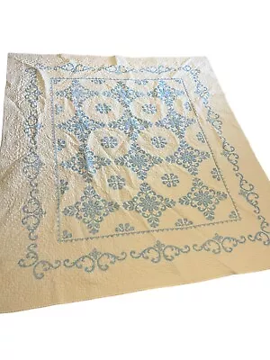 Handmade Hand Quilted White Blue Cross Stitch Quilt Full Size Bed Spread  88x78 • $103.49