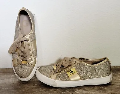 Womens G By Guess Oadie 3 Size 6 M Gold  Lace Up Sneakers Glittery Quilted Shoes • $10.95