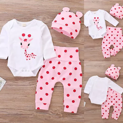 3Pcs Infant Baby Girls Cartoon Romper T Shirt Polka Dot Pants Hats Clothes Set • £8.99