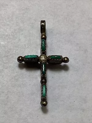 Vtg Old Pawn Sterling Silver Turquoise & Coral Cross Pendant (1.6) • $10.50