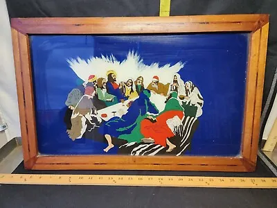 Vintage Foil Art Reverse Painted Glass  LAST SUPPER Wood Framed Ready2Display  • $225