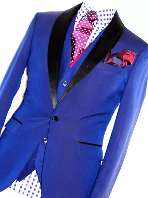 Luxury Mens D&g Dolce Gabbana Blue Tuxedo Dinner 3 Piece Slim Fit Suit 38r W32 • £375