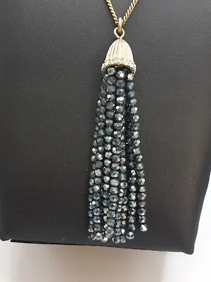 J.Crew Gold Tone Chain Necklace Gray Faceted Beads Clear Crystals Tassel Pendant • $19.99