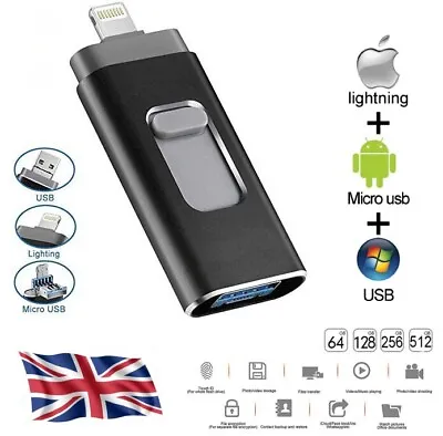 16-512GB USB Flash Drive External Memory Storage Photo Stick For IPhone IPad PC • £11.99