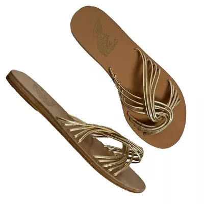 Ancient Greek Sandals Xanthi Slide Flats Metallic Gold Leather Made In Greece 8 • $75