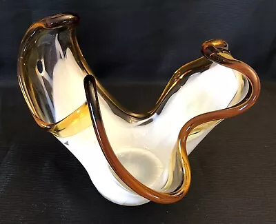 Murano Free Form*Splash*Pulled Glass Bowl White Gold Abstract Dish 9x12 • $115