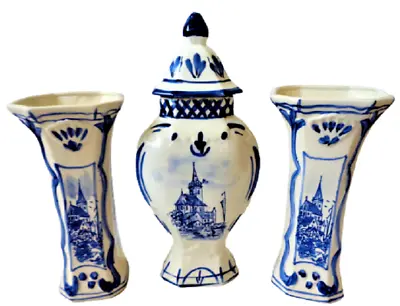 Delft Ginger Jar With Trumpet Vases Set • $260