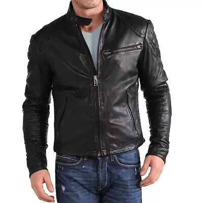 Cafe Racer Black Biker  Leather Jacket  Soft Sheep Napa Leather Biker Style • $109.99