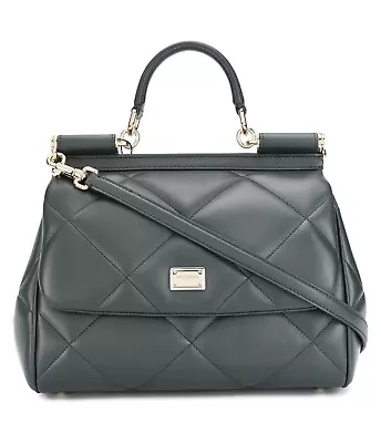 DOLCE & GABBANA GRAY Leather Sicily Handbag Shoulder Top Handle Bag Quilted DG • £1650
