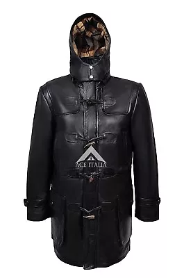 Eddie Mens Duffel Coat Black Real Leather Hooded Knee Length Horn Toggle 8294 • $157.84