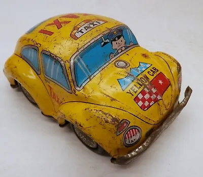 Yellow Cab Taxi Volkswagen Beetle Tin Litho Friction 4  Takatoku Toys VW Bug • $14.99