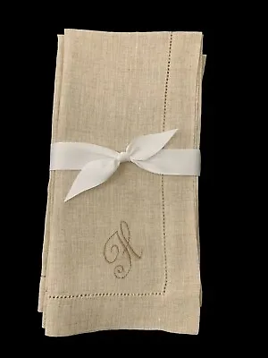 Pottery Barn Linen Hemstitch Napkins Set/4 20” Square Flax & Beige Monogram H • $39.99