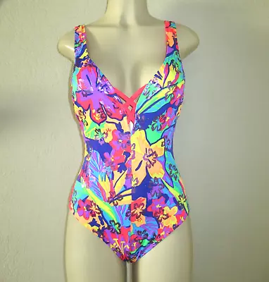 90s Vintage 1-pc Swimsuit Neon Bright Floral Print Metallic Size Medium Colorful • $24.99