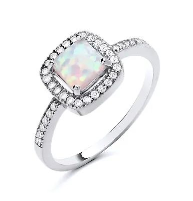 925 Sterling Silver Opal & CZ Halo Square Ladies Cluster Ring Size J To S • £12.95