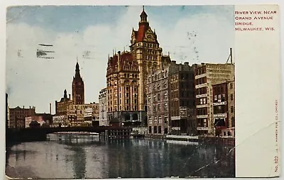 River View Near Grand Avenue Bridge Postcard Milwaukee WI PM 1924 • $7.99