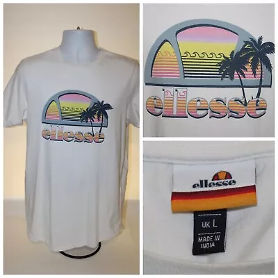 Mens ELLESSE Short Sleeve Palm Tree Island Graphic Cotton T-Shirt : Size L Slim • $12