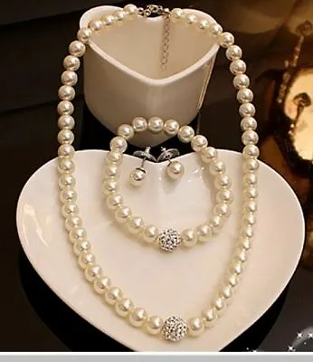 £3.99 • Buy Paved Diamante Crystal Ball Cream Glass Pearl Necklace, Earrings, Bracelet Set