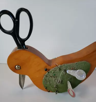 Vintage Wood Bird Duck Sewing Caddy Folk Art SCISSORS PIN CUSHION • $32