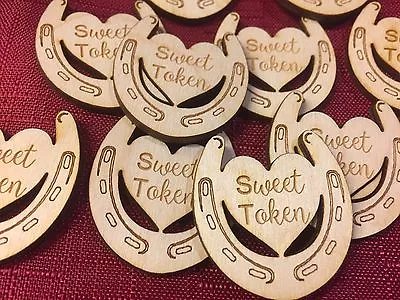 £3.95 • Buy Personalised Wooden Drink Tokens, Sweet Cart 5cm Wedding Heart Horseshoe Favours