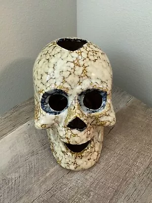 Glazed Pottery Skull Day Of Dead Candle Holder Large Halloween Decor • $38.99