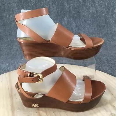 Michael Kors Sandals Womens 7.5M Poesy Wedge Ankle Strappy Brown Leather Casual • $24.99