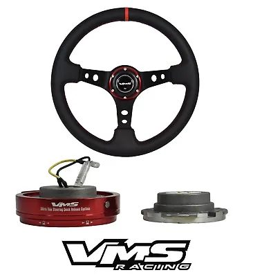 Vms Racing Pilotta Red Leather 350mm Steering Wheel + Quick Release Adapter • $139.88