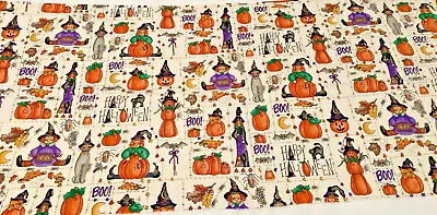 Pumpkins Witches Cats Bats Candy Corn Halloween Autumn Fabric 18.5 X22  Vintage • $7.95