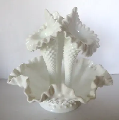 Vintage Fenton Hobnail Epergne In Milk Glass White 3 Horn Flower Centerpiece • $65