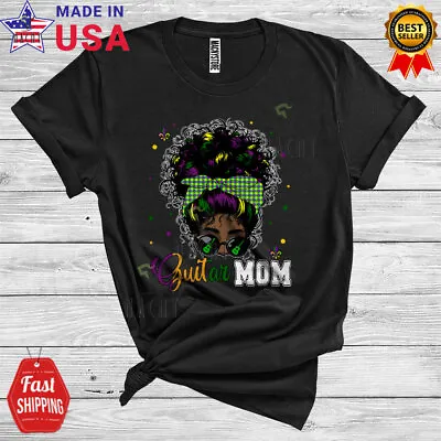 Guitar Mom Mardi Gras Messy Afro Bun Hair Women Black African Musical T-Shirt • $14.36