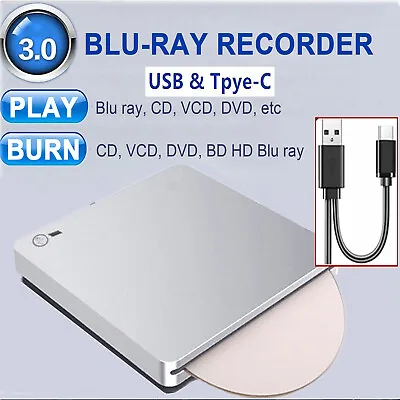 Blu Ray Burner USB External BD-R BD DVD CD RW Disc Writer Movie Player Silver UK • £68.38
