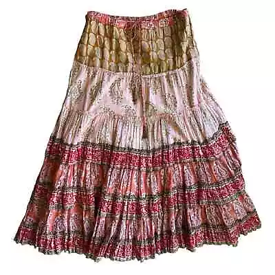 Bila Women’s Multicolored Multi Print Boho Cotton Flowy Tiered Maxi Skirt Small • $36